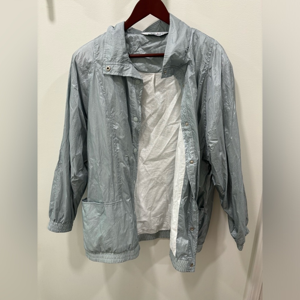 Haband Vintage 80/90s Button Snap Windbreaker Jacket Shiny Nylon Silver XL